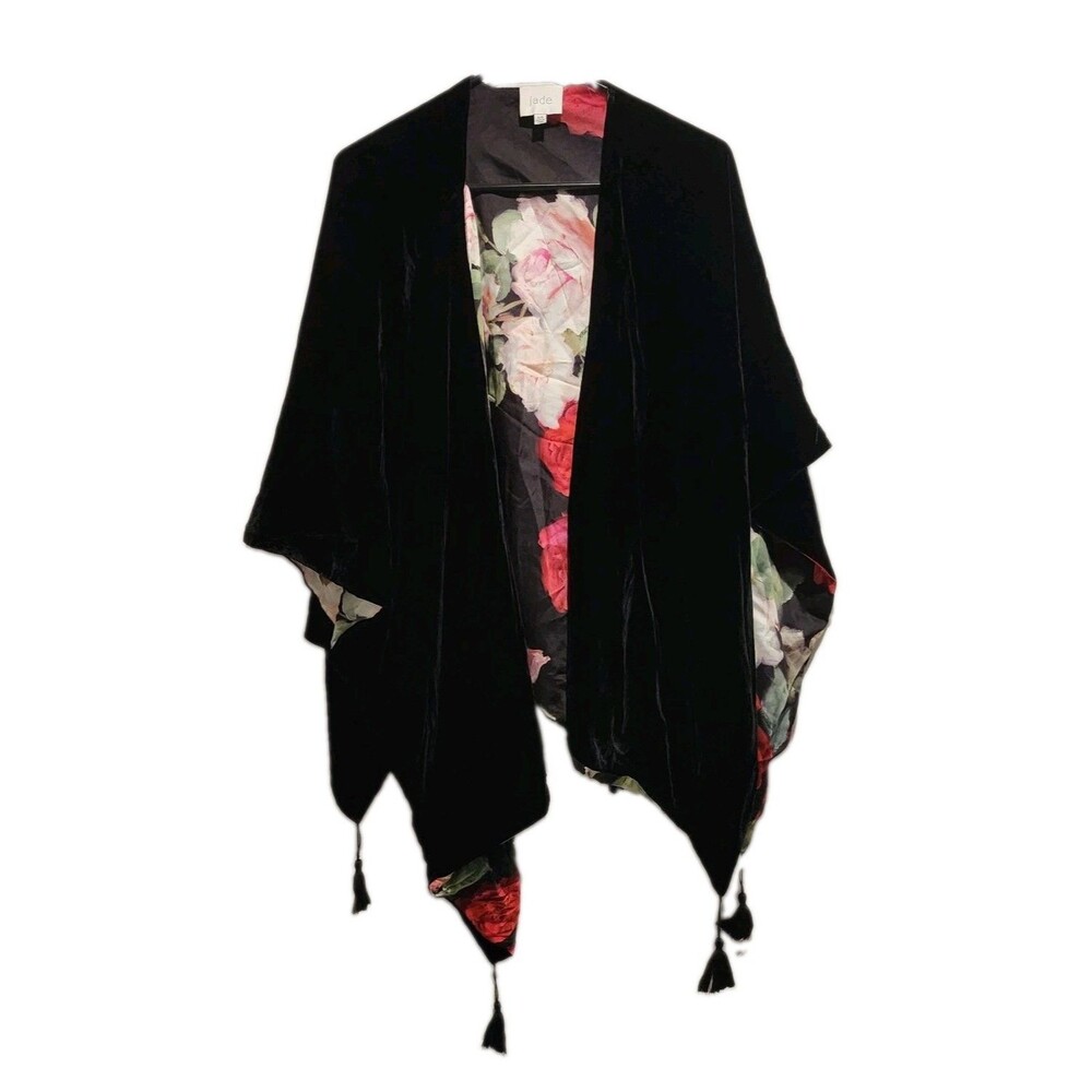 Johnny Was Jade Kyria Velvet Black Floral Lined Cape One Size